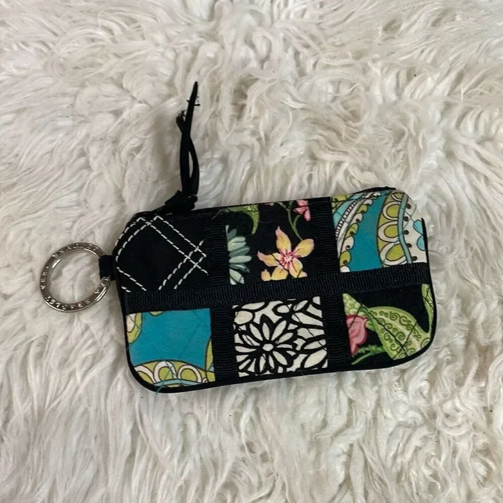 VERA BRADLEY Coin Purse Keychain Quilted Floral Zip Closure Black Multicolor 3”